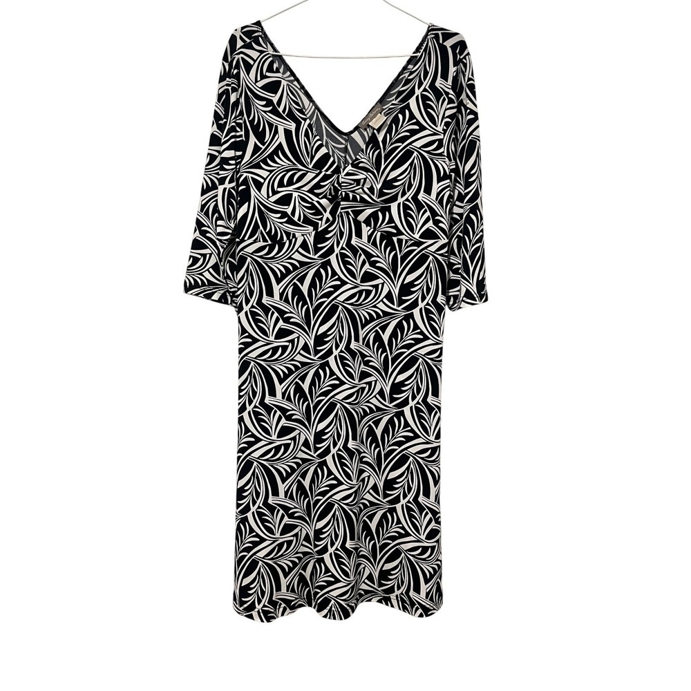 Tommy Bahama Womens Black White Leaf Print V-Neck 3/4 Sleeve Sheath Dress Size L